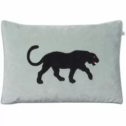 Chhatwal & Jonsson Embroidered Black Panther Cushion Cover 40x60 Cm, Aqua