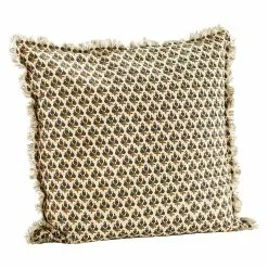 Madam Stoltz Kissenbezug Mit Fransen 50x50 Cm, Beige / Olive